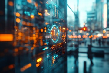 Poster - A holographic digital interface display in an urban setting, showcasing advanced technology with vibrant, orange-blue hues and complex virtual interface elements.