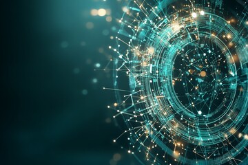 Poster - An intricate digital network design with numerous interconnected glowing nodes, representing the complexity and interconnectivity of modern technology systems.