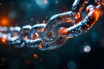Fototapete - A close-up of a metallic chain featuring futuristic digital elements, with glowing accents symbolizing technology and connectivity in a cybernetic world.