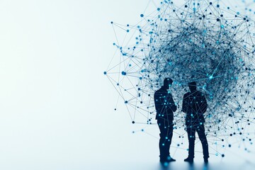 Poster - Two silhouetted figures stand in the midst of a complex digital network, symbolizing connectivity and collaboration in the age of information and technology.
