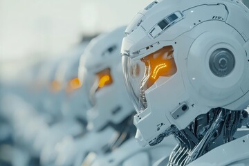 Poster - A line of robots with brightly lit visors, standing in profile, representing modern technological advancements in robotic and artificial intelligence evolution.