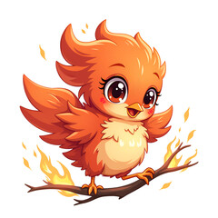 Canvas Print - Joyful orange bird character with flames on branch   whimsical and playful design, digital art of character illustration concept.