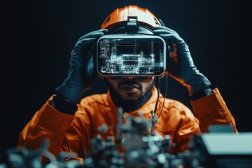 Poster - An engineer in an advanced lab is immersed in virtual reality, reflecting the integration of cutting-edge technology and scientific exploration in modern innovation.