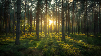  Sunbeams Illuminate a Lush Pine Forest at Dawn, Creating a Serene and Magical Atmosphere.