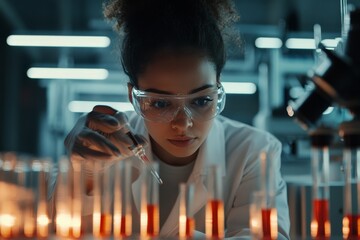 Poster - A focused scientist works diligently in a laboratory setting, analyzing samples with keen precision under bright light, illustrating thorough research and scientific inquiry.