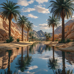 Wall Mural - serene oasis with palm trees and mountains reflecting in calm water, creating tranquil atmosphere. landscape showcases natural beauty and peacefulness