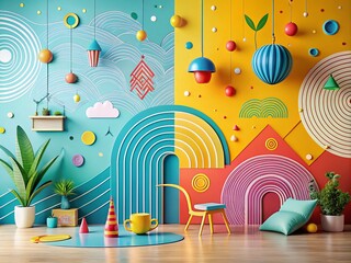 Poster - Creative Minimalist Doodle Lines Background with Basic Shapes for Trendy Childish Art Design, Ideal for Modern Decor and Bright Aesthetic Projects
