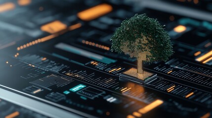 Poster - A Vibrant Digital Composition Illustrating a Tree on a Dark Futuristic Background with Graphical Elements and Data Visualizations for Creative Use