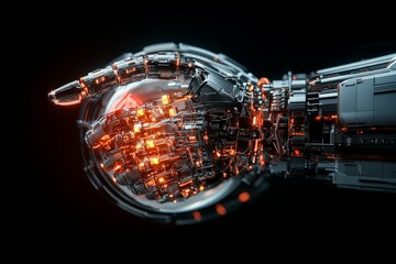 Poster - A detailed robotic hand with intricate designs and glowing elements, showcasing advanced technology and a sense of futuristic innovation and craftsmanship.