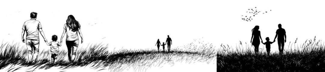 A contented family illustrated in continuous line art, featuring parents and their small child holding hands and walking together, presented as a black linear sketch on a white backdrop, available as