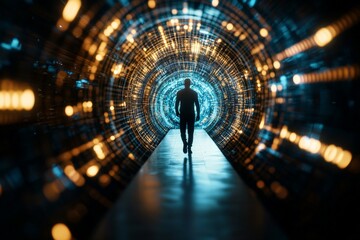 Poster - A silhouette steps through a luminous digital tunnel, an artistic representation of progress and exploration in a technology-driven age.