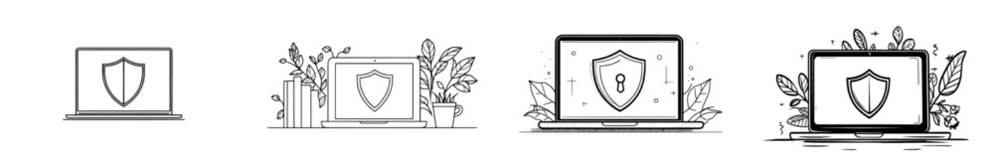 Fototapete - A single unbroken line. Safeguarding data. A shield and a laptop. An open laptop. Information security. Data preservation. A continuous line on a white backdrop.