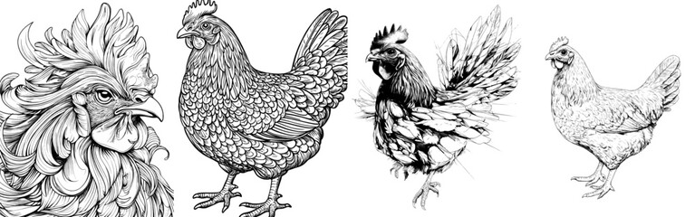 A close-up portrait of a chicken, hand-drawn digitally in black and white.