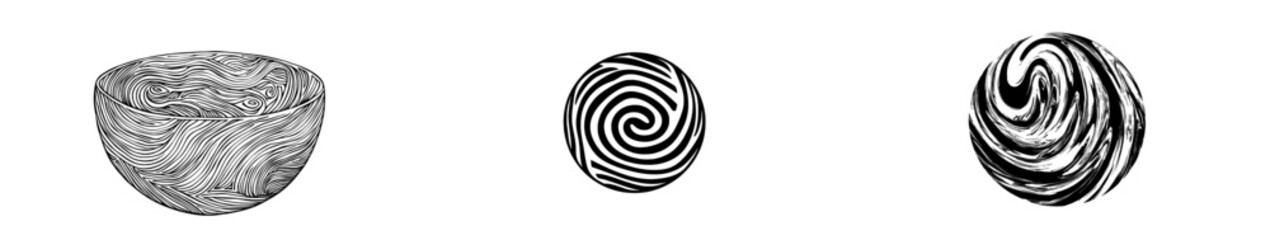 A single line drawing of a ball with an abstract pattern, created in black ink on a white background.