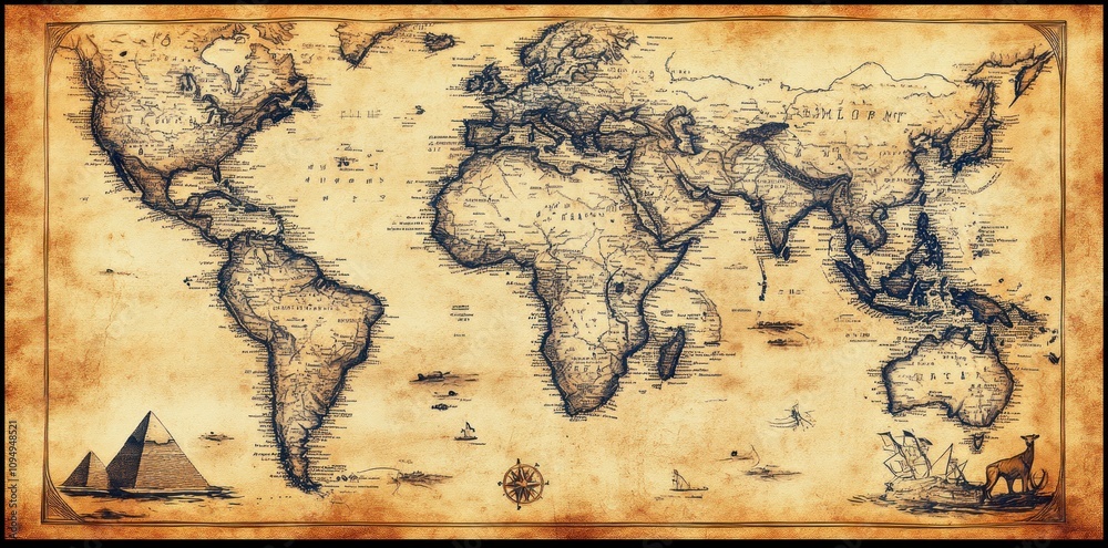 Antique World Map Showing Continents Oceans And Landmarks Stock ...