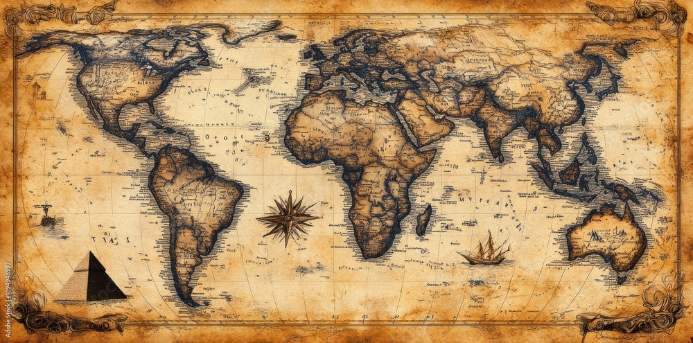 Antique World Map Showing Continents Oceans and Ships Stock ...