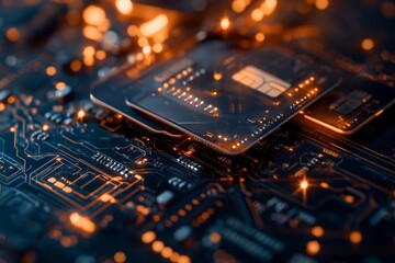 Poster - The image features a close-up view of a futuristic microchip placed on a detailed circuit board, representing advanced technology and innovation in the electronic industry.