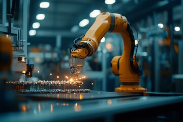 Poster - An automated robotic arm operates in an industrial setting, demonstrating the efficiency and precision of modern manufacturing technology in a brightly lit environment.