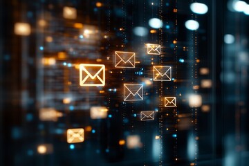 Poster - Digital mail icons hover in an abstract technology-inspired environment, highlighting concepts of communication, networks, and digital exchange.