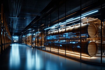 Poster - A state-of-the-art server room with glowing blue lights and advanced technology, representing data storage, security, and digital infrastructure.