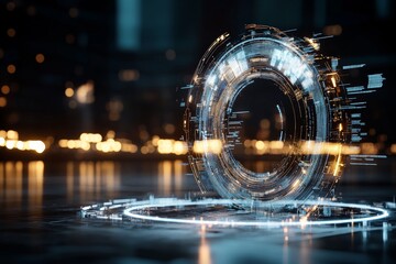 Poster - A holographic ring shines in a digital landscape, embodying advanced technology. This artistic depiction highlights the fusion of virtual and real elements.