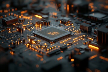 Poster - Close-up image showcasing a cutting-edge microchip integrated into an intricate motherboard layout, representing the pinnacle of technology and innovation.