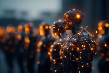 Poster - A line of highly detailed futuristic robots with glowing connections, signifying advanced technology and artificial intelligence, set in a dimly lit environment.