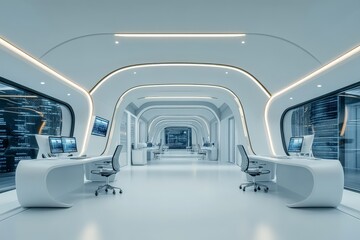 Poster - A futuristic high-tech office interior featuring sleek white designs, advanced computer workstations, and expansive windows showcasing digital displays in a minimalistic style.