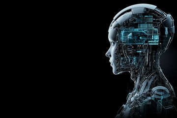 Poster - A futuristic robotic head illustrating artificial intelligence with intricate digital circuits visible through its transparent surface, symbolizing the integration of technology and humanity.