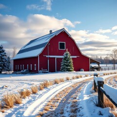 Wall Mural - charming red barn in a winter wonderland snow-covered landscape and trees create a serene picturesqu