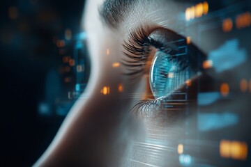 Poster - A detailed view of a human eye reflecting digital interface elements, symbolizing technology and future connectivity, evoking curiosity and innovation.