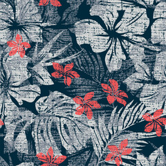 Wall Mural - tropical hibiscus flowers with leaves wallpaper grunge vector abstract seamless pattern for shirt fa