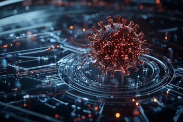 Poster - A vivid visualization of a virus structure set against a background of digital circuits, highlighting the intersection of biology and technology in a cybernetic age.