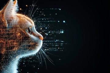 Poster - A cat's side profile with digital elements, glowing particles and abstract lines, symbolizing technology and curiosity in a futuristic setting.