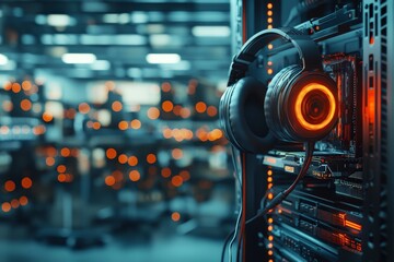 Poster - Headphones hanging on a rack in a server room, glowing with orange light, symbolizing technology, music or sound, and digital connections in modern era.