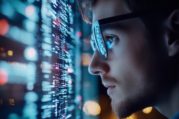 Poster - A concentrated young man, wearing digital glasses, closely examines data on a glowing screen, emphasizing modern analysis and tech-driven observation.