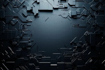 Poster - A captivating abstract geometric technology background with dark tones and intricate patterns, conveying complexity and the essence of digital evolution and innovation.