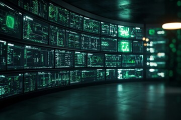 Poster - A highly technical control room featuring numerous screens displaying data, representing advanced monitoring systems and integration technology for complex environments.