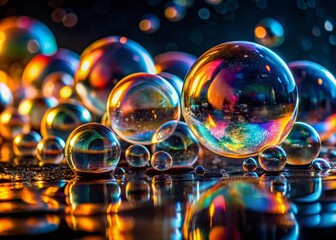 Poster - Detailed Close-up of Bubbles Floating on a Dark Surface for Abstract and Scientific Visuals, Perfect for Creative Backgrounds and Mysterious Compositions