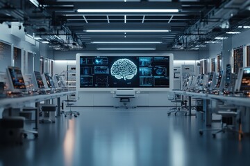 Poster - State-of-the-art control room featuring a large digital brain display on a central monitor, symbolizing advanced intelligence and modern digital interfaces.