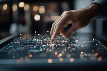 Poster - A hand reaches out to interact with a futuristic digital interface, symbolizing the human connection with advanced technology and interactive data.