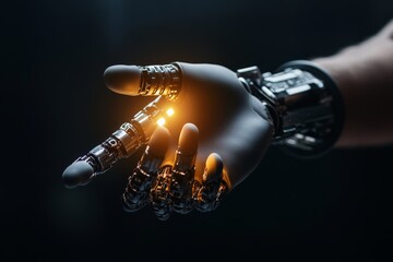 Poster - A robotic hand with intricate mechanical details extends forward, highlighting a fingertip's warm orange glow. It signifies human-machine interaction and technological progress.