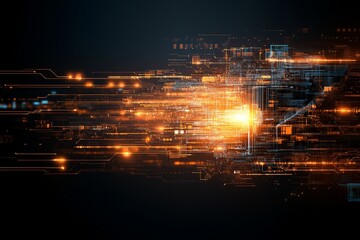 Poster - This image showcases a futuristic digital landscape with vibrant orange and blue lights, representing advanced technology and fast data transmission concepts.