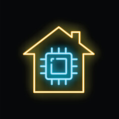 Poster - Glowing neon illustration representing the concept of smart home technology with a microchip inside a house shape