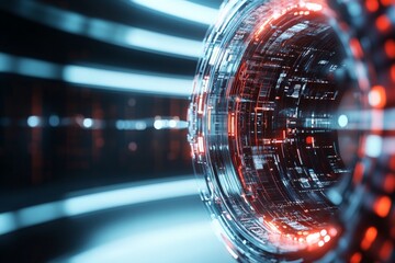Poster - A futuristic digital tunnel with red and blue lights, representing data flow and technological advancement, blending abstract art with a sci-fi aesthetic.