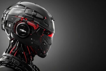 Poster - A highly detailed robotic head design with red accents, showcasing advanced technology and futuristic aesthetics, representing the evolution of robotics and AI.