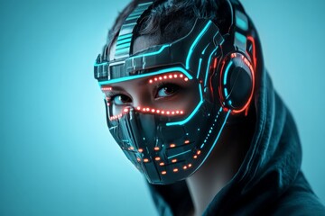 Poster - A person wears an illuminated cybernetic mask with vibrant LED lights, representing the futuristic integration of technology and human identity.