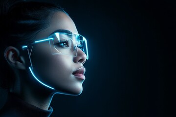 Poster - A woman depicted wearing cutting-edge augmented reality glasses that glow with futuristic and sleek design elements, embodying technological advancement and style.