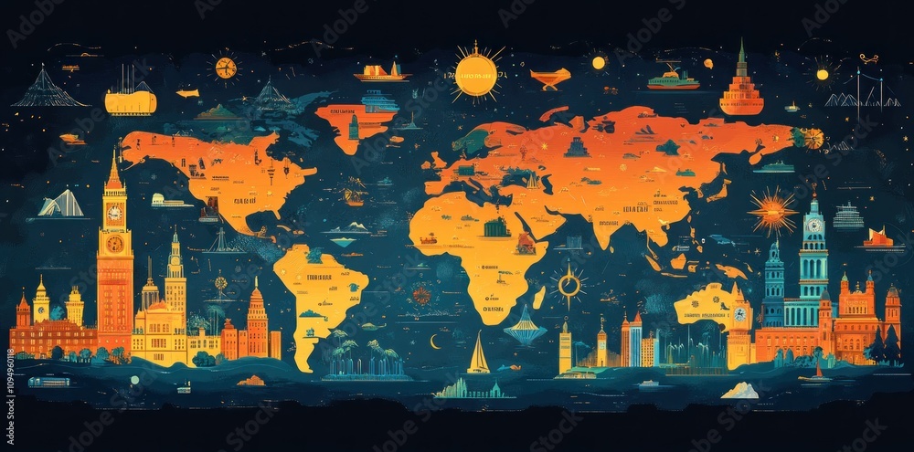 Artistic World Map Illustrating Famous Landmarks and Cities Stock ...