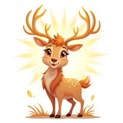 Canvas Print - Cheerful cartoon deer with glowing antlers against a sunlit background, embodying joy and nature s beauty, digital illustration of character design concept.